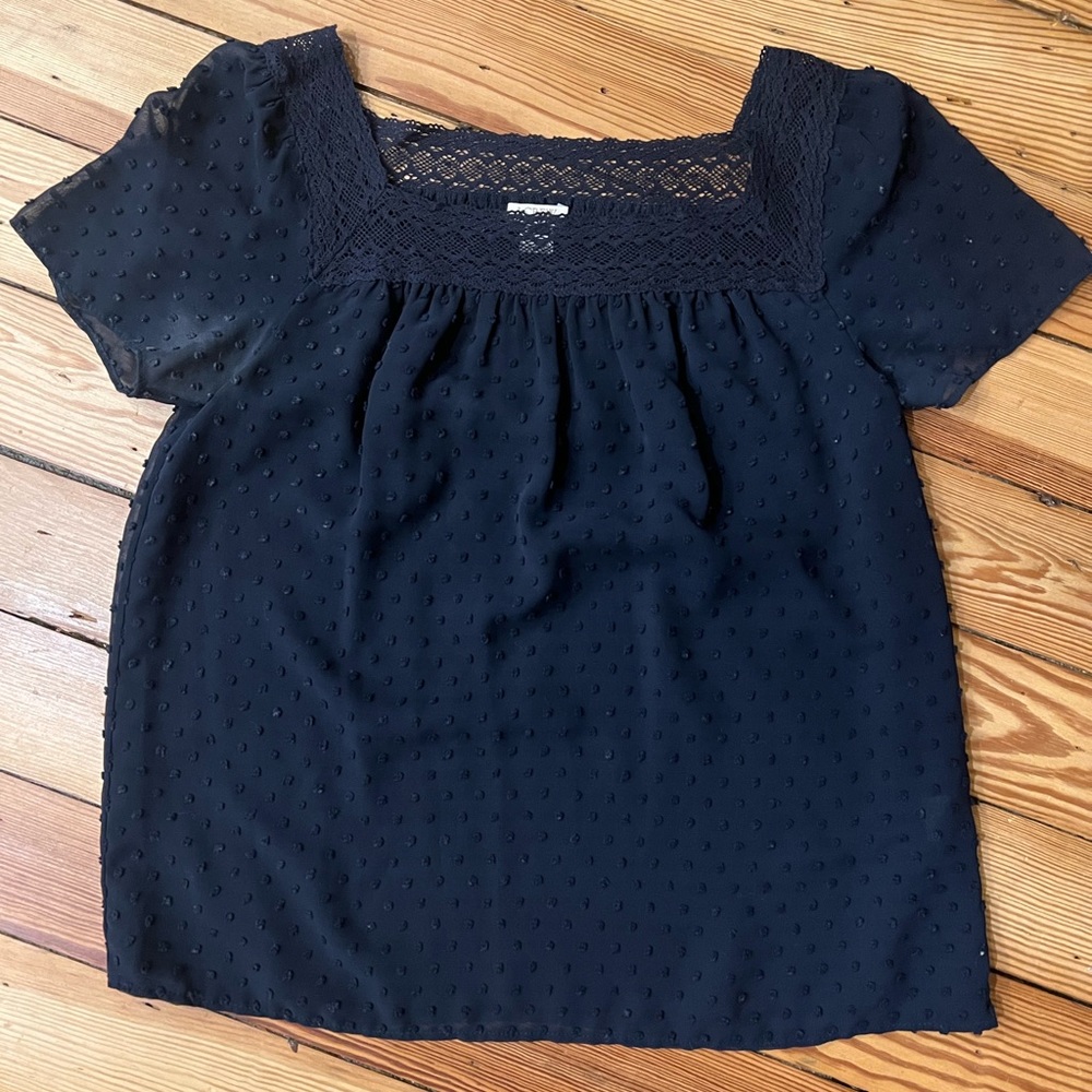 J Crew square neck, ruffle sleeve, navy blue, fluffy dot blouse